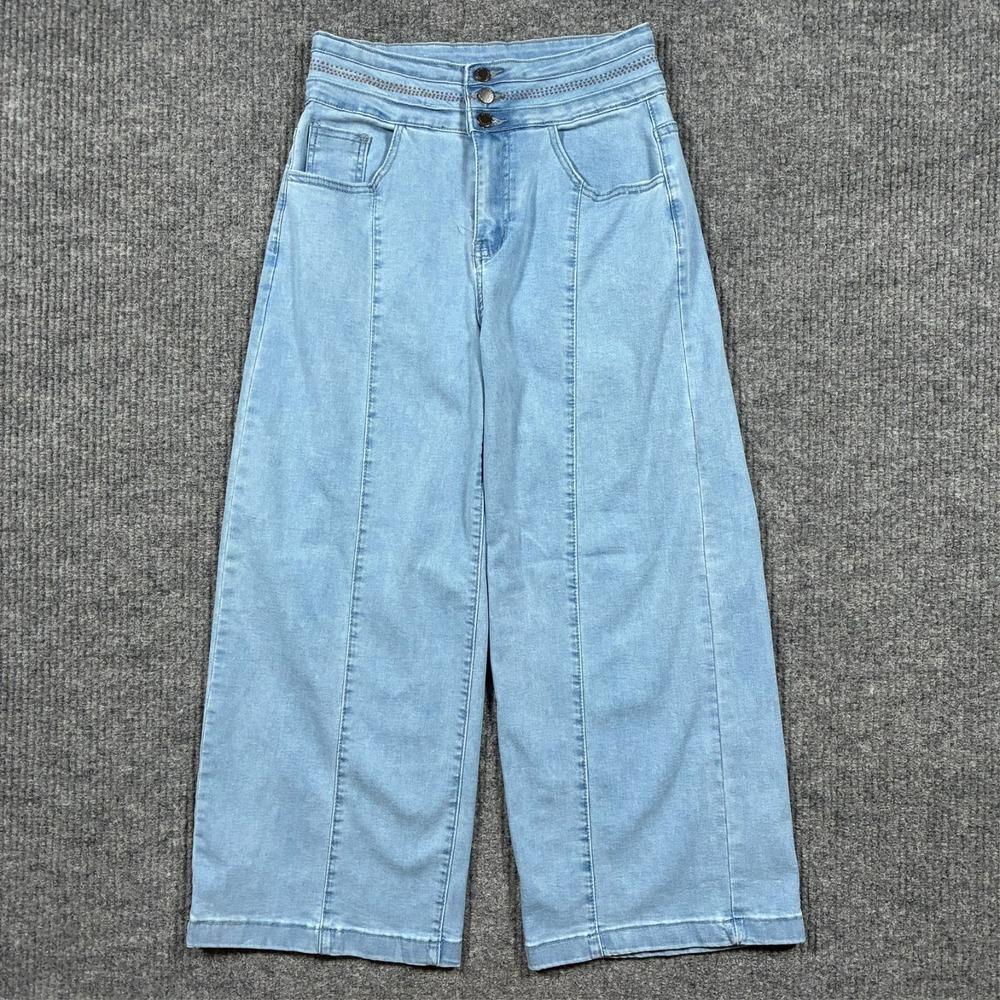 Roswear Women Wide Leg Jeans Size S High Rise Light Wash Cropped Denim Stretch